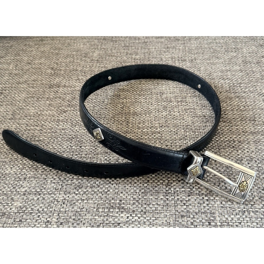 BRIGHTON Belt Black Genuine Leather Silver Metal Decorative Buckle Size 34M/L